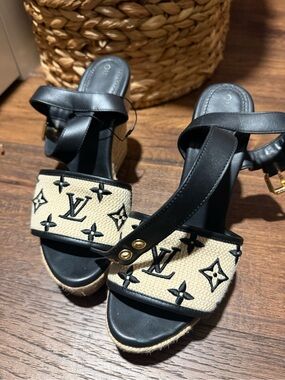 Louis Vuitton Black and Natural Monogram Espadrille Wedge Sandals